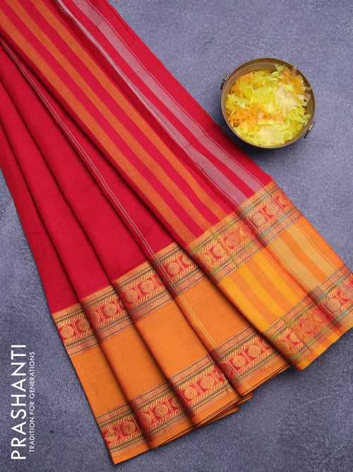 Narayanpet cotton saree red and mustard yellow with plain body and rettapet zari woven border