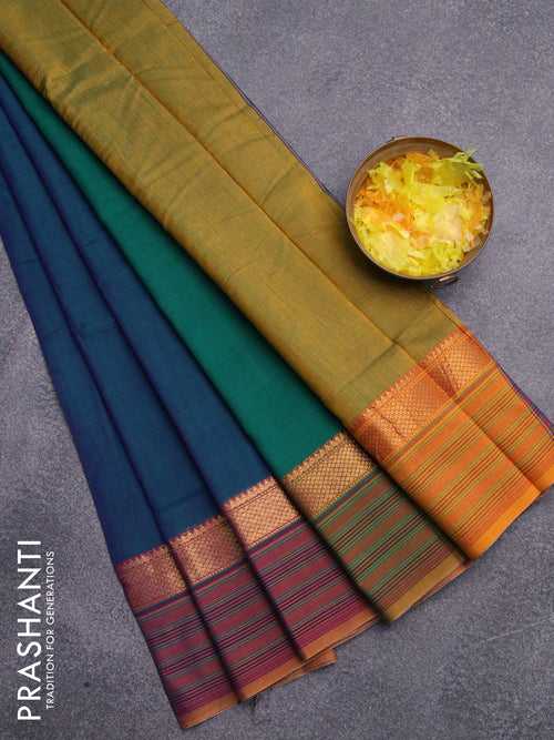 Narayanpet cotton saree dual shade of bluish green and mustard yellow with plain body and zari woven simple border
