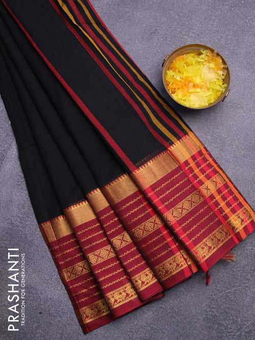 Narayanpet cotton saree black and maroon with plain body and long zari woven border