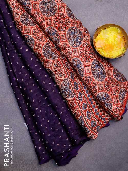 Modal silk saree deep violet and maroon with allover bandhani prints and ajrakh printed pallu