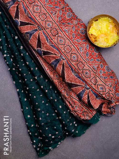 Modal silk saree green and maroon with allover bandhani prints and ajrakh printed pallu