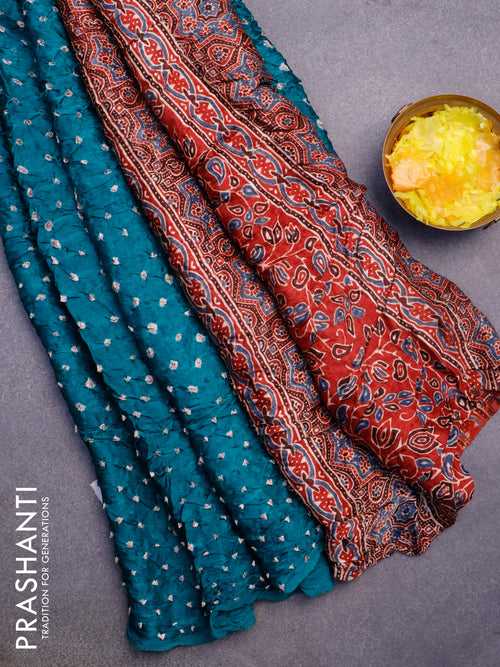 Modal silk saree teal green and maroon with allover bandhani prints and ajrakh printed pallu