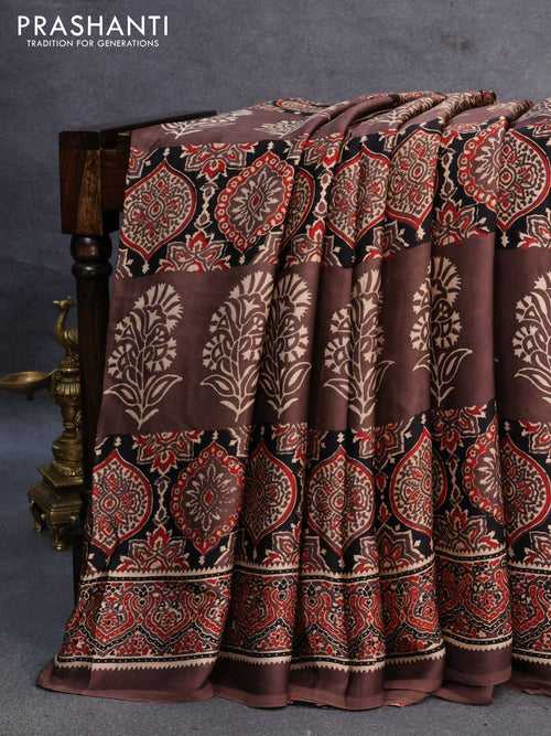 Modal silk saree brown with allover ajrakh prints and printed border