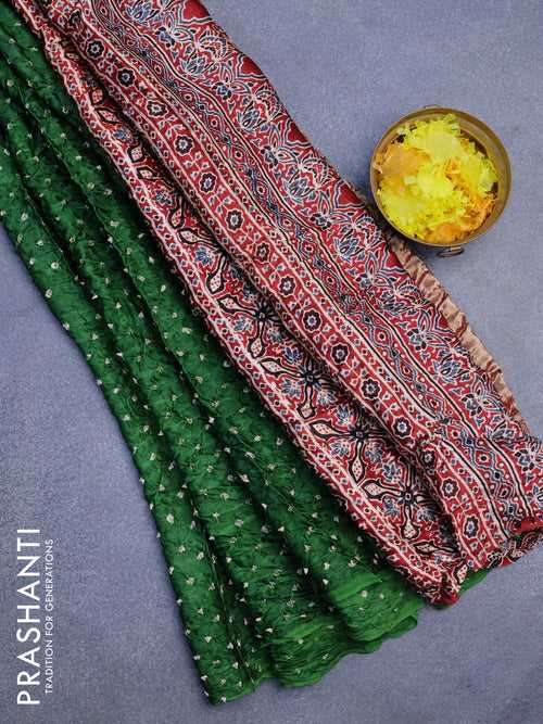 Modal silk saree green and maroon with allover bandhani prints and ajrakh printed pallu