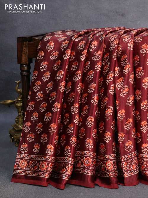 Modal silk saree brown with allover floral butta prints and ajrakh printed pallu