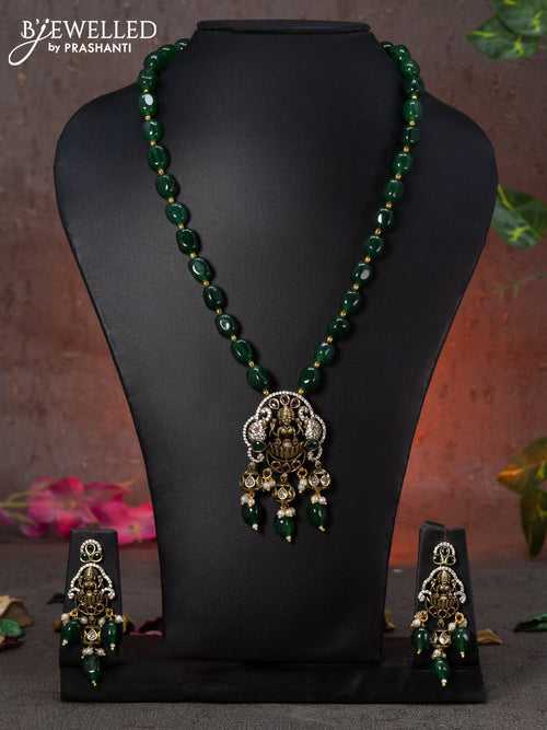 Beaded green necklace lakshmi design with kemp & cz stones and beads hanging in victorian finish