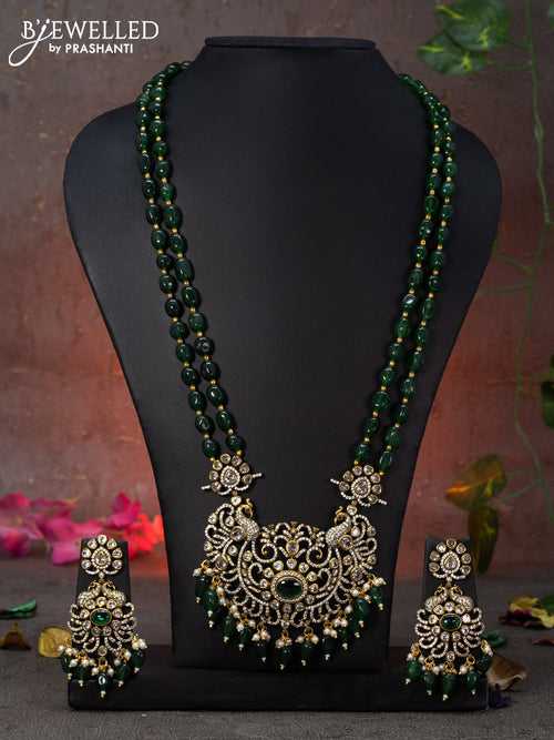Beaded double layer green necklace peacock design with emerald & cz stones and beads hanging in victorian finish