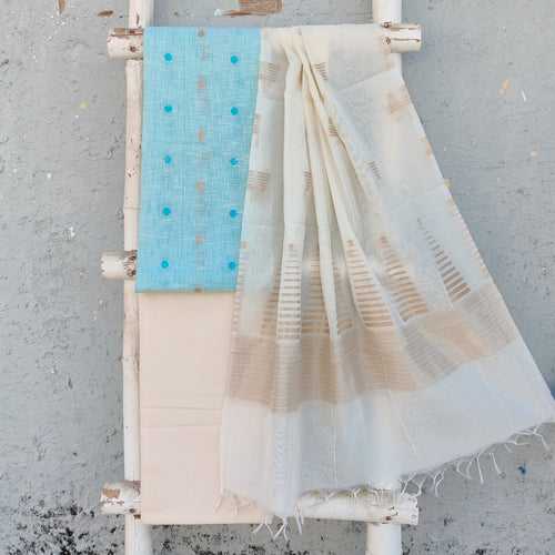 AAKASHI-Pure Cotton Handloom Blue With Light Blue And Cream  Polka Dots Top And Plain  Cream Bottom White  And Chanderi Jamdani Dupatta