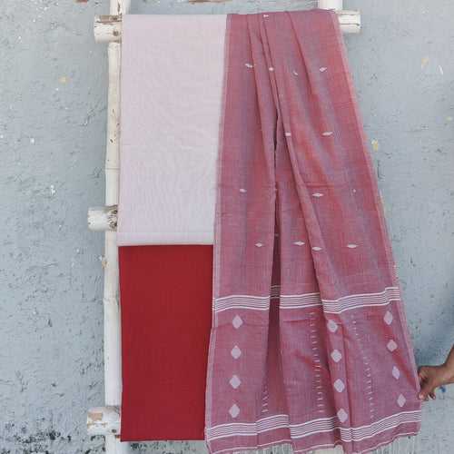 AAKASHI-Pure Cotton Handloom White With Red Stripes Top And Plain Red Cotton Bottom And Cotton Jamdani  Dupatta