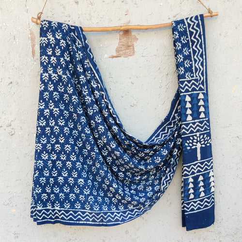 AASHVI-Pure Cotton Indigo White Leaves Jaal  Saree