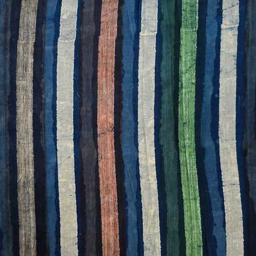 Pure Cotton Dabu Multi Blocks Stripes With Dark Blue ,Grey ,Green , Brown And White Stripes Hand Block Print Fabric