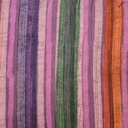 Pure Cotton Dabu Multi Blocks Stripes With Puple,Violet  Orange ,Rust Red , Cream And Green And Block Print Fabric