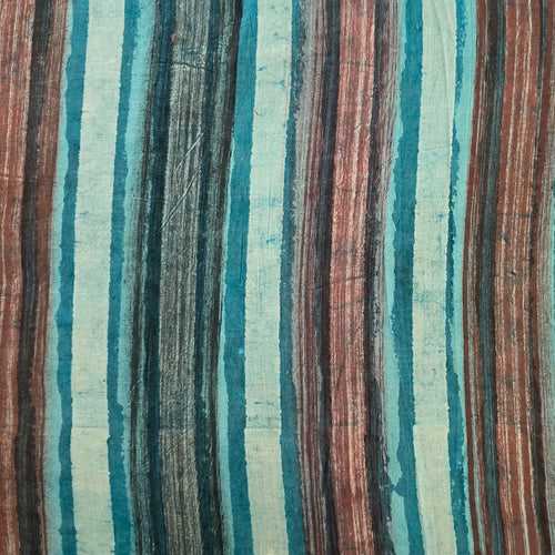 Pure Cotton Dabu Multi Blocks Stripes With Shades Of Blue ,Black ,Rust Brown And White Hand Block Print Fabric