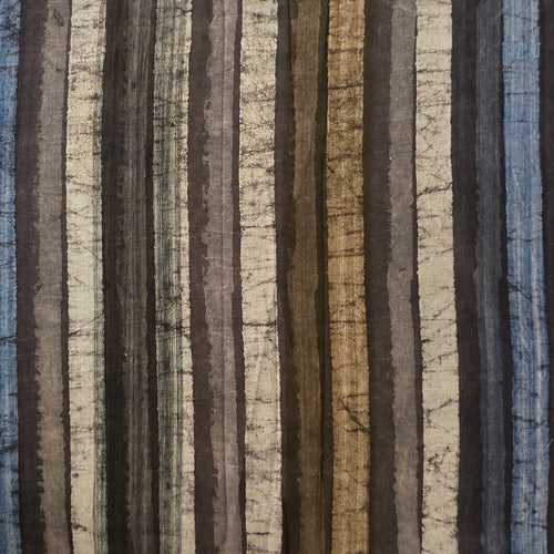 Pure Cotton Dabu Multi Blocks Stripes With  Dark  Brown , Grey ,White , And Blue , Hand Block Print Fabric
