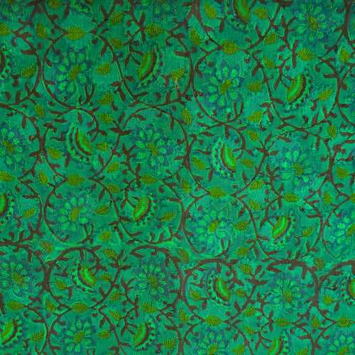 Pure Cotton Doby Dabu Green With Blue Small  Flowers And Black  aal Hand Block Print Fabric
