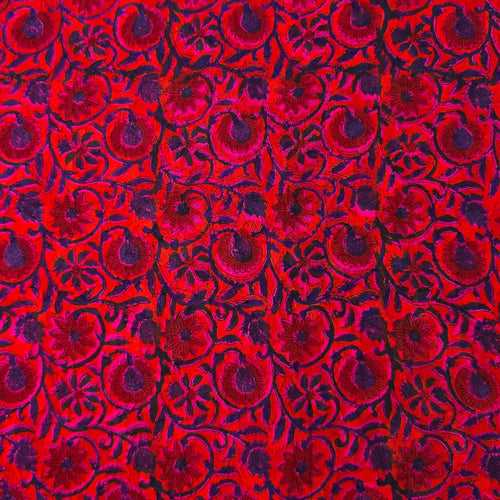 Pure Cotton Doby Dabu Pink With Red Flower  And Navy Blue Jaal Hand Block Print Fabric