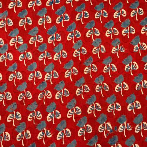 Pure Cotton Doby Dabu Red With Blue Shy Flower Hand Block Print Fabric