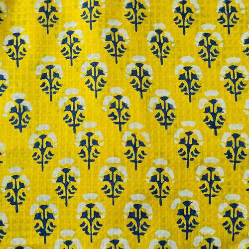 Pure Cotton Doby Dabu Yellow With White  And  Blue Flower Motifs Hand Block Print Fabric