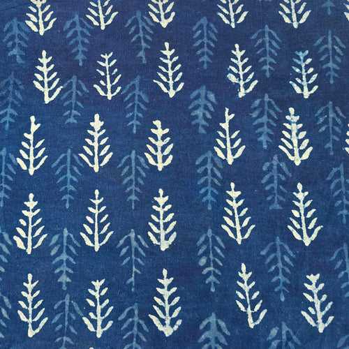 Pure Cotton Indigo With Cream Light Blue Fern Motifs Hand Block Print Fabric