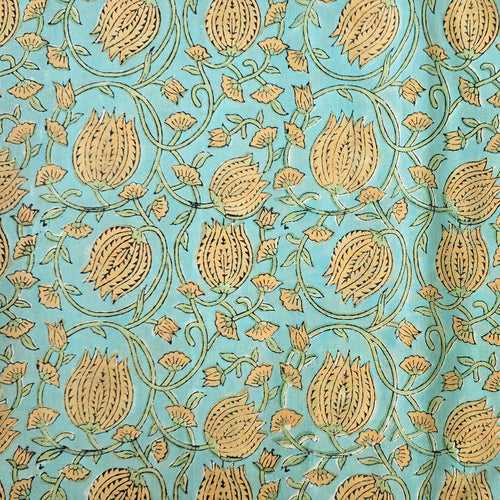 Pure Cotton Jaipuri Blue With Cream Lotus Jaal Hand Block Print Fabric