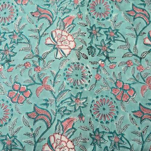 Pure Cotton Jaipuri Blue With Pink Flower Jaal Hand Block Print Fabric