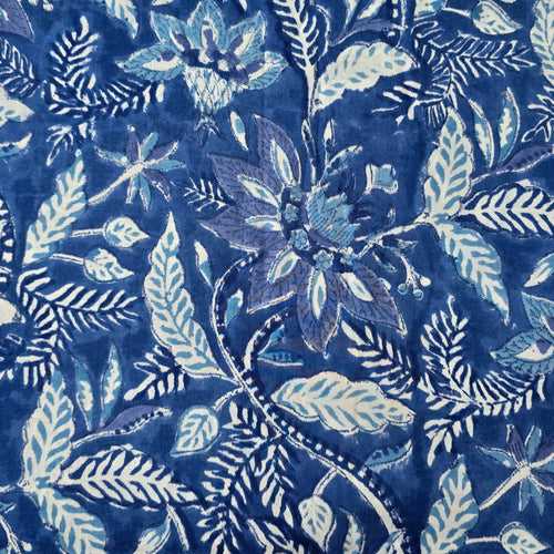 Pure Cotton Jaipuri Blue With White Wild Flower Jaal Hand Block Print Fabric