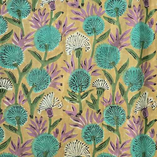 Pure Cotton Jaipuri Cream With Blue And Purple And Blue Flower Creeper Hand Block Print Fabric