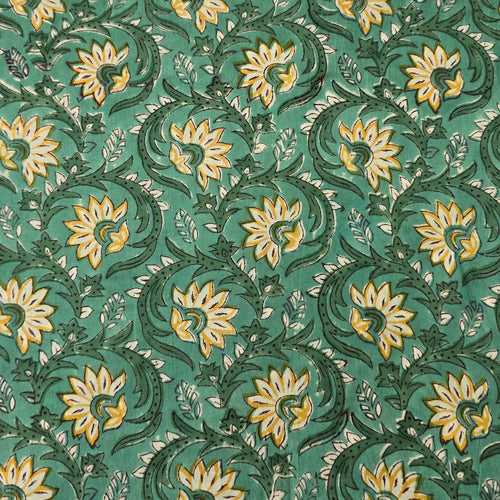 Pure Cotton Jaipuri Green With Light Yellow Flower Creeper Hand Block Print Fabric