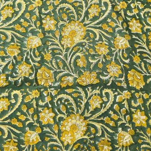 Pure Cotton Jaipuri Green With Mustard Floral Jaal  Hand Block Print Fabric