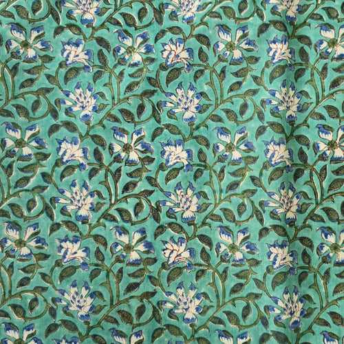Pure Cotton Jaipuri Green With White Flower Jaal Hand Block Print Fabric