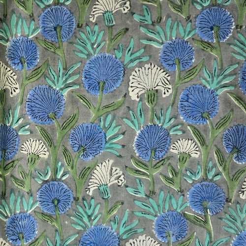 Pure Cotton Jaipuri Grey With White And Blue Flower Creeper Hand Block Print Fabric