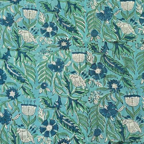 Pure Cotton Jaipuri Light Blue With Jungle Flower Jaal Hand Block Print Fabric
