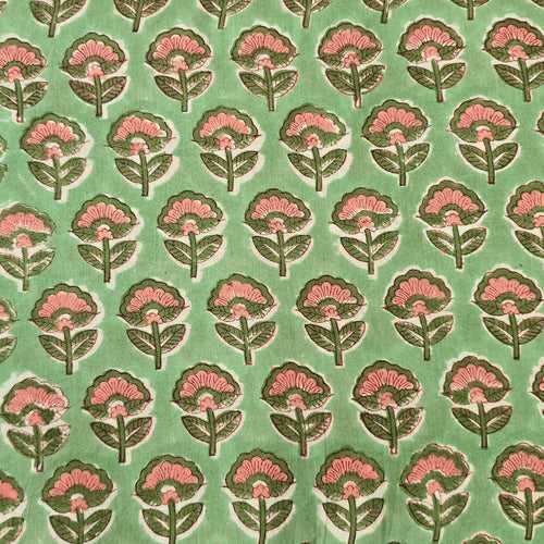 Pure Cotton Jaipuri Light Green With Peach Flower Motif Hand Block Print Fabric