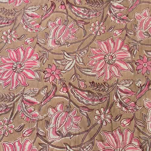 Pure Cotton Jaipuri  Peach With Pink Wild Flower Jaal Hand Block Print Fabric
