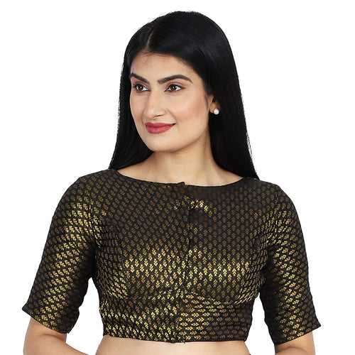 Women's Jacquard Boat Neck Short Sleeve Saree Blouse,Black