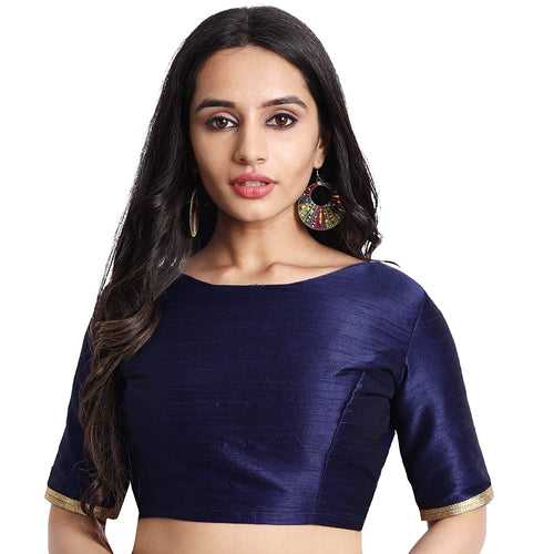 JISB Women's Raw Silk Elbow Sleeves Saree Blouse, Navy