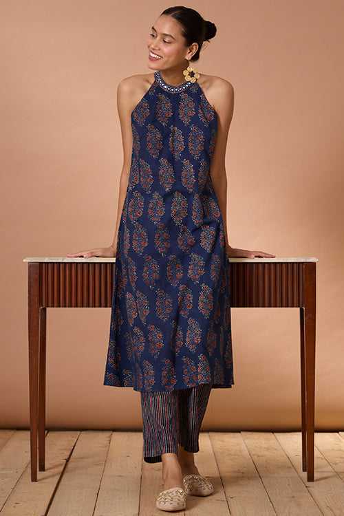 Okhai "Evening Lily" Hand Embroidered and Mirrorwork Handblock Printed Ajrakh Pure Cotton Kurta Pant Set | Rescue