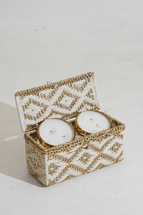 Sirohi Handwoven Multipurpose Diamond Box With 2 Candles | White & Gold