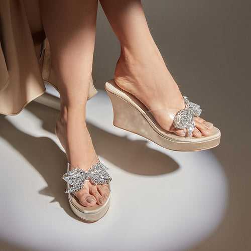 Silver Bow Cream Wedge