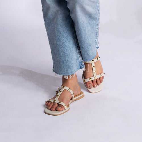 T-strap Studded Cream Flats