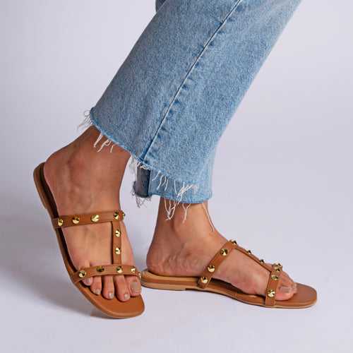 T-strap studded tan flats