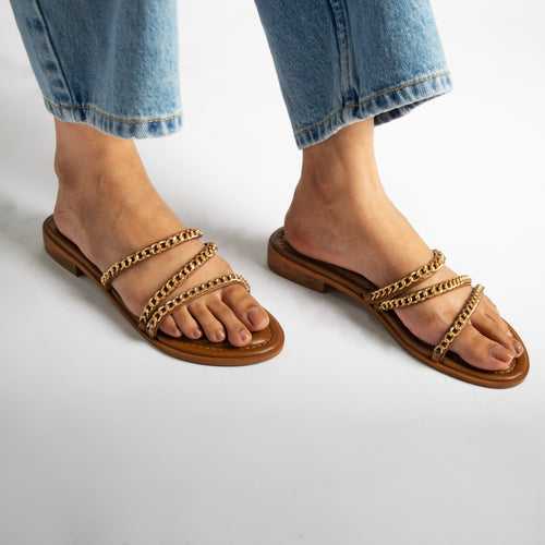 Three Strapped Tan Chained Flats