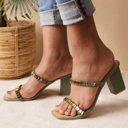 Two Strap Olive Embellished Heels