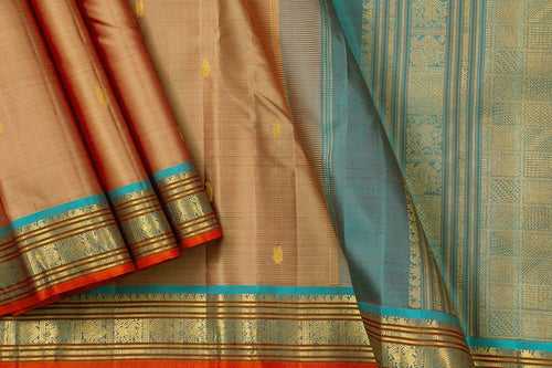 Beige And Blue Kanchipuram Silk Saree With Medium Border Handwoven Pure Silk For Festive Wear PV J 399