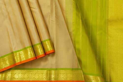 Beige And Green Kanchipuram Silk Saree With Short Border Handwoven Pure Silk For Festive Wear PV J 541