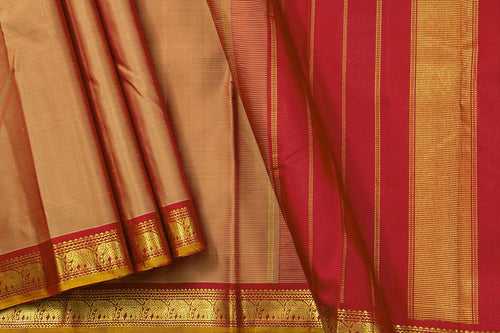 Beige And Maroon Kanchipuram Silk Saree With Short Border Handwoven Pure Silk For Festive Wear PV J 455