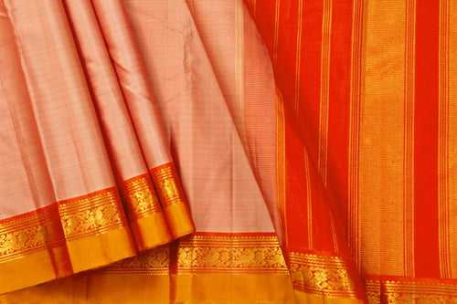 Beige And Red Kanchipuram Silk Saree With Medium Border Handwoven Pure Silk For Festive Wear PV J 435