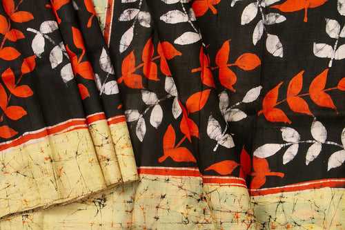 Black And Beige Lightweight Batik Silk Saree Handwoven Pure Silk For Office Wear PB 323