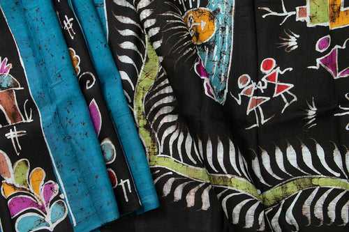 Black And Blue Lightweight Batik Silk Saree Handwoven Pure Silk For Office Wear PB 330