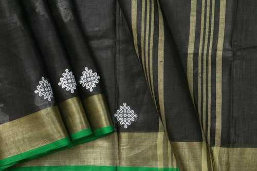 Black Linen Saree With Embroidery And Gold Zari Border PL 2039